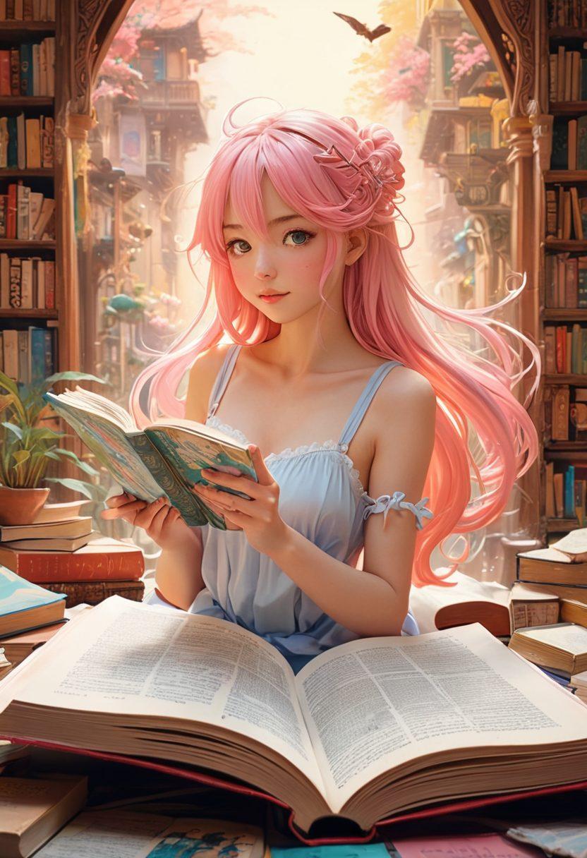 A vibrant, colorful collage showcasing various hentai art styles including characters in playful poses, intricate backgrounds, and fantastical elements. Incorporate a large open book with reviews, recommendations, and community insights pages coming to life with animated characters swirling around it. The scene should have a whimsical, inviting atmosphere that captivates the viewer's imagination. pastel colors. manga style. intricate details.