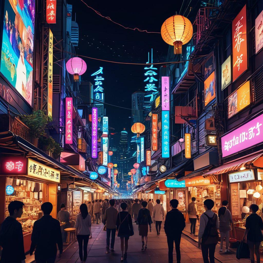 A vibrant landscape featuring a surreal anime-style city filled with colorful neon lights, lively street markets, and diverse characters engaged in discussions. Include elements like manga posters, virtual avatars, and trendy cafes, visually representing the community around hentai culture. Capture a sense of exploration and connection among the characters, with whimsical fantasy elements blending into the scene. vibrant colors. anime-style. 3D.