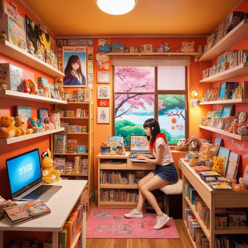 A vibrant, whimsical scene featuring a cozy anime-themed room filled with manga, figurines, and posters of popular anime characters. In the foreground, a person dressed in casual otaku attire happily browsing on a laptop, surrounded by plush toys and colorful snacks. Soft ambient lighting enhances the cheerful atmosphere, while various adult-themed art pieces subtly displayed on the walls add an intriguing twist. The overall vibe is imaginative and inviting, appealing directly to otaku culture enthusiasts. super-realistic. vibrant colors. cozy interior.